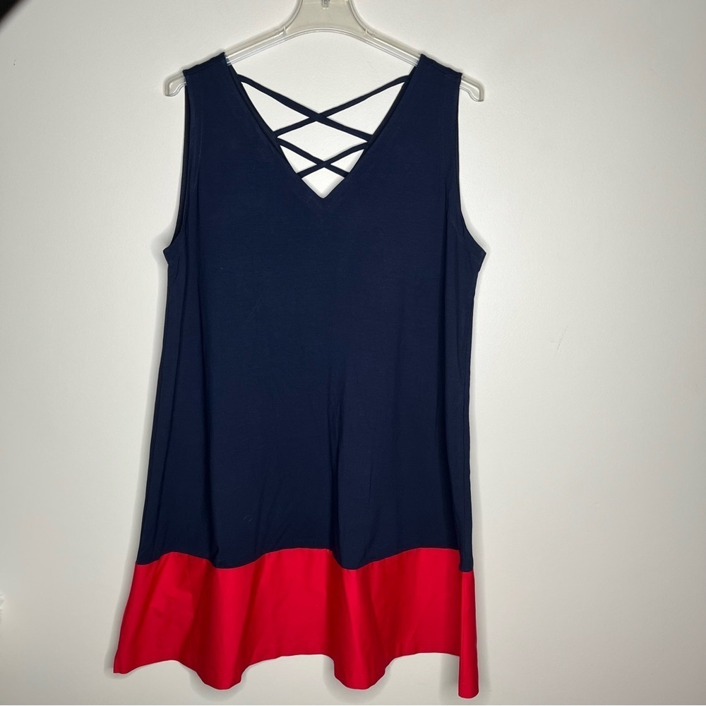 NWT LOFT Plus Shift Navy/Red Sleeveless V Neck Cross Straps Back Dress SZ 20/22 - Picture 8 of 12